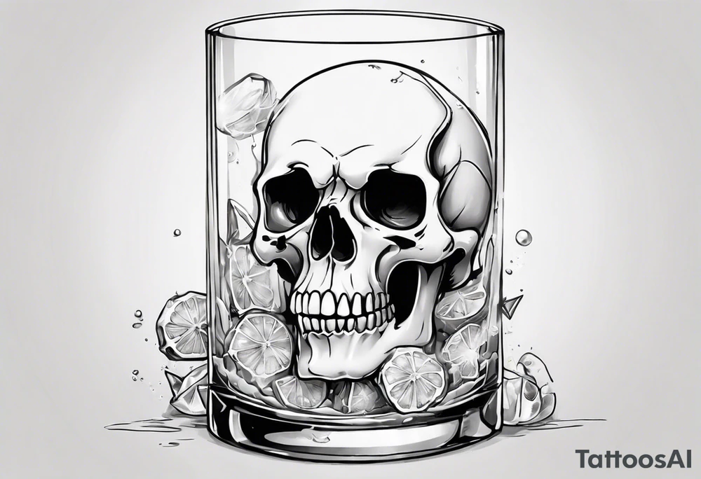 A happy, looking to the left scull, inside the glass with ice and piece of lime tattoo idea