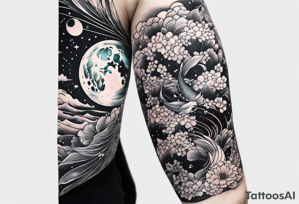 arm sleeve tatoo, space, nature, koi tattoo idea