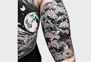 arm sleeve tatoo, space, nature, koi tattoo idea