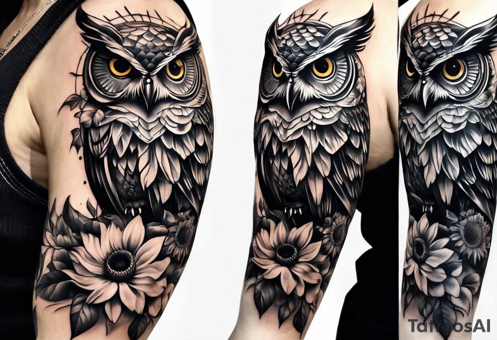 Sleeve with an owl, sunflower and butterfly tattoo idea