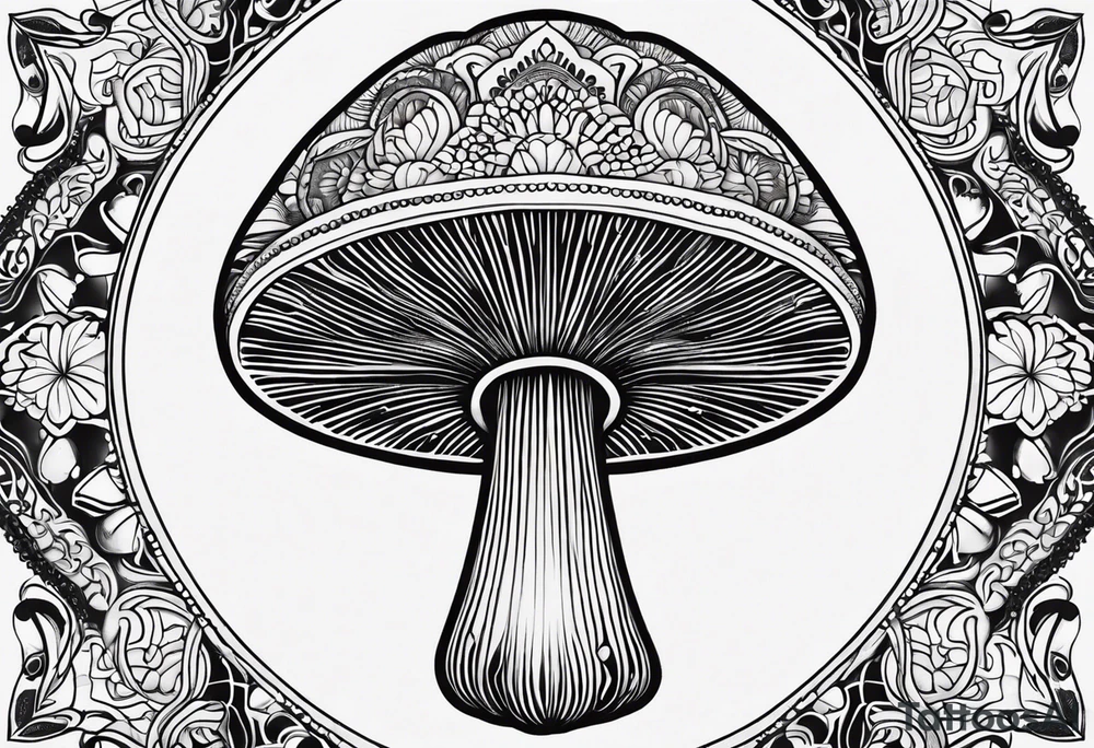 Black mushroom tattoo with henna style mandala design surrounding it tattoo idea