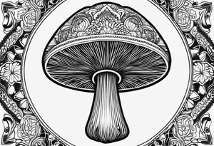 Black mushroom tattoo with henna style mandala design surrounding it tattoo idea
