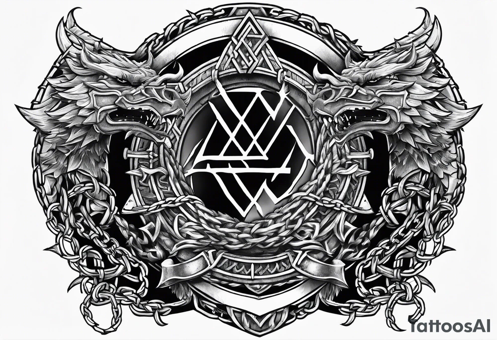 Valhalla sword shield dragon axe Valknut barbed wire chains tattoo idea