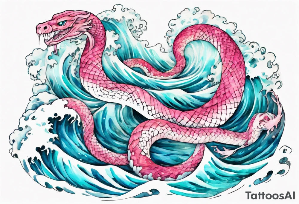 a beautiful turquoise pink and white serpent rising from the blue waves of the ocean tattoo idea