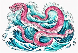 a beautiful turquoise pink and white serpent rising from the blue waves of the ocean tattoo idea