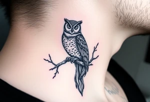 wise owl perched on ancient oak branch under starlit sky tattoo idea