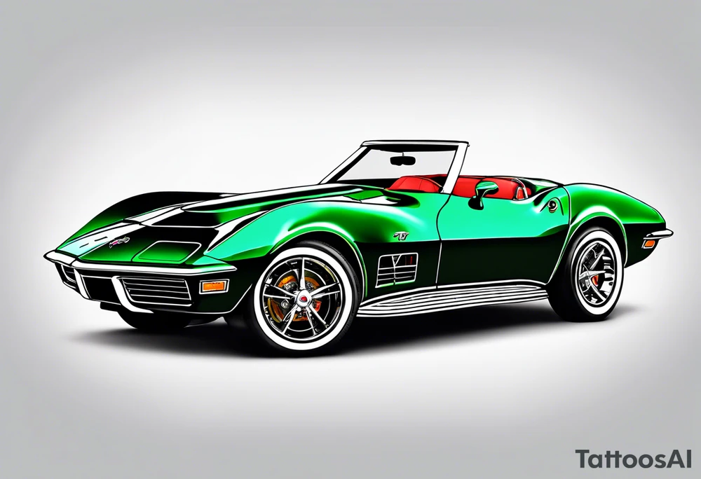 Skeleton smoking a cigarette driving a green 1976 convertible Corvette tattoo idea