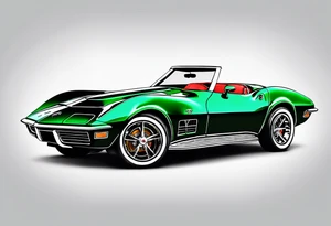 Skeleton smoking a cigarette driving a green 1976 convertible Corvette tattoo idea