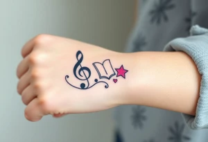 A swirl containing the Treble clef, Bass clef, book, dog paw, star, psyduck, heart tattoo idea