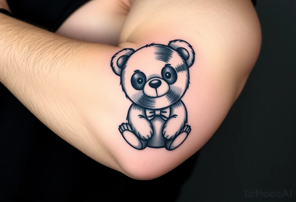 minimalist teddy bear with vinyl records as eyes smiling and sitting on a record tattoo idea