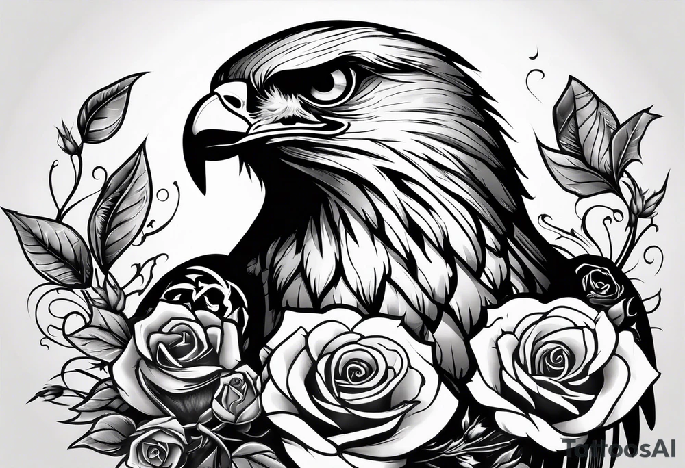 Hawk with rose in beak and gravestone tattoo idea