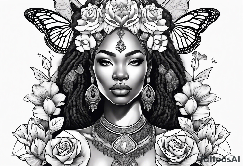 Nubian queen with flowers, butterflies and a lion tattoo idea