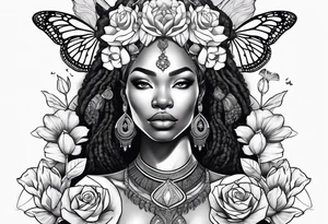 Nubian queen with flowers, butterflies and a lion tattoo idea