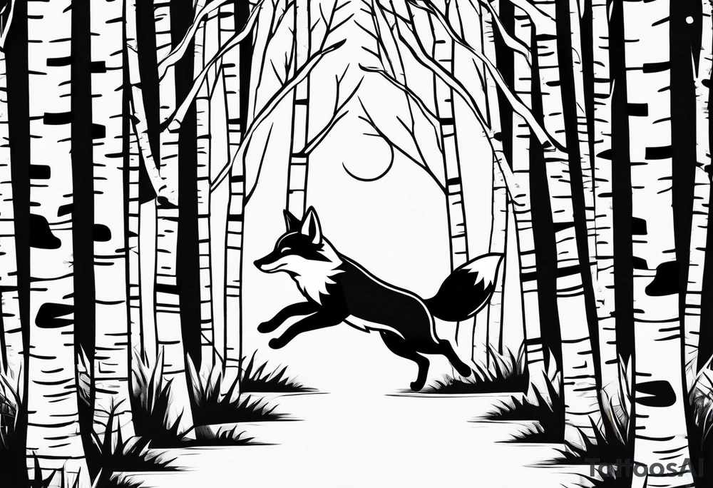 Fox jumping in birch trees tattoo idea