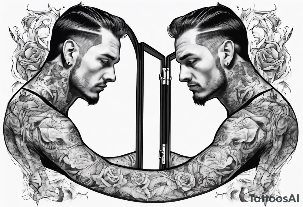 man looking into mirror, seeing his younger self tattoo idea
