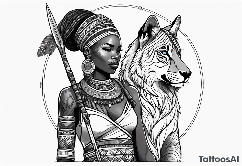 African woman warrior with tribe scars holding a spear with animals in the background tattoo idea