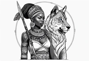 African woman warrior with tribe scars holding a spear with animals in the background tattoo idea