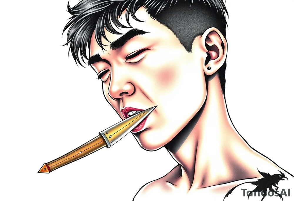 Handsome Asian young guy is licking a ritual knife tattoo idea