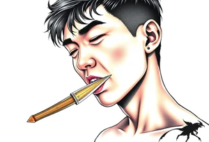 Handsome Asian young guy is licking a ritual knife tattoo idea