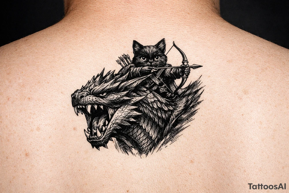 A fantasy illustration of a black Palico feline cat riding on the back of a Nargacuga wyvern dragon. High-fantasy digital art style matching the original game concept art. The camera is a dynamic vertical portrait, showing the dragon's head, snarling open mouth, muscular neck, and upper shoulders. The massive wings are cropped out of the frame entirely to keep the design narrow and vertical. On its back, a cute black cat with realistic cat features and large glowing yellow eyes is aiming a hunter's bow and arrow. Highly detailed but with clean, crisp lines, rich deep black and midnight blue shading, solid white background. No woodcut texture, no flat cartoon sticker style. tattoo idea