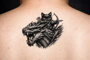 A fantasy illustration of a black Palico feline cat riding on the back of a Nargacuga wyvern dragon. High-fantasy digital art style matching the original game concept art. The camera is a dynamic vertical portrait, showing the dragon's head, snarling open mouth, muscular neck, and upper shoulders. The massive wings are cropped out of the frame entirely to keep the design narrow and vertical. On its back, a cute black cat with realistic cat features and large glowing yellow eyes is aiming a hunter's bow and arrow. Highly detailed but with clean, crisp lines, rich deep black and midnight blue shading, solid white background. No woodcut texture, no flat cartoon sticker style. tattoo idea