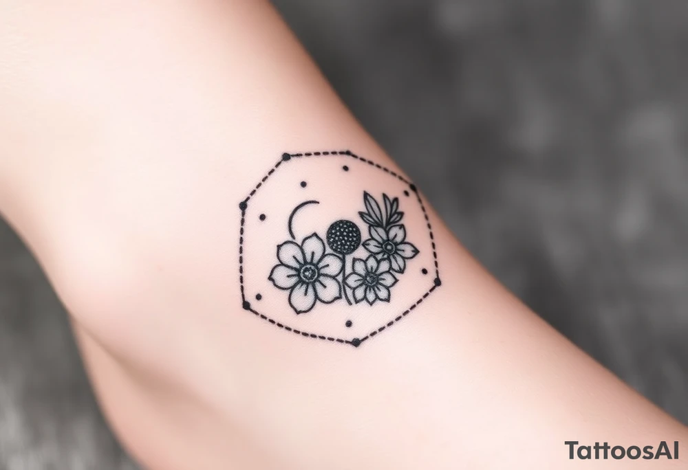 Hexagon with a Leo constellation, larkspur and water lilies in the center tattoo idea