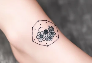 Hexagon with a Leo constellation, larkspur and water lilies in the center tattoo idea