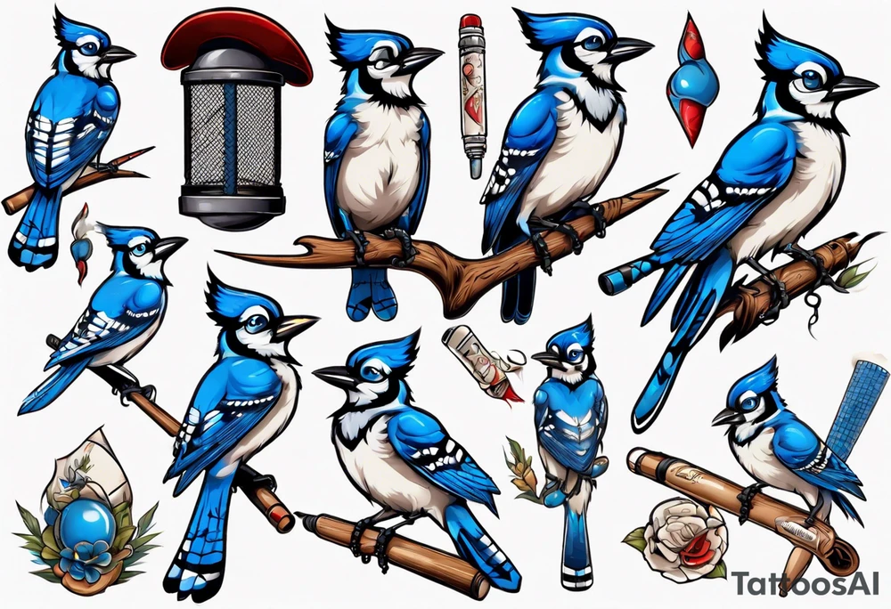 bluejay wearing cricket clothes tattoo idea