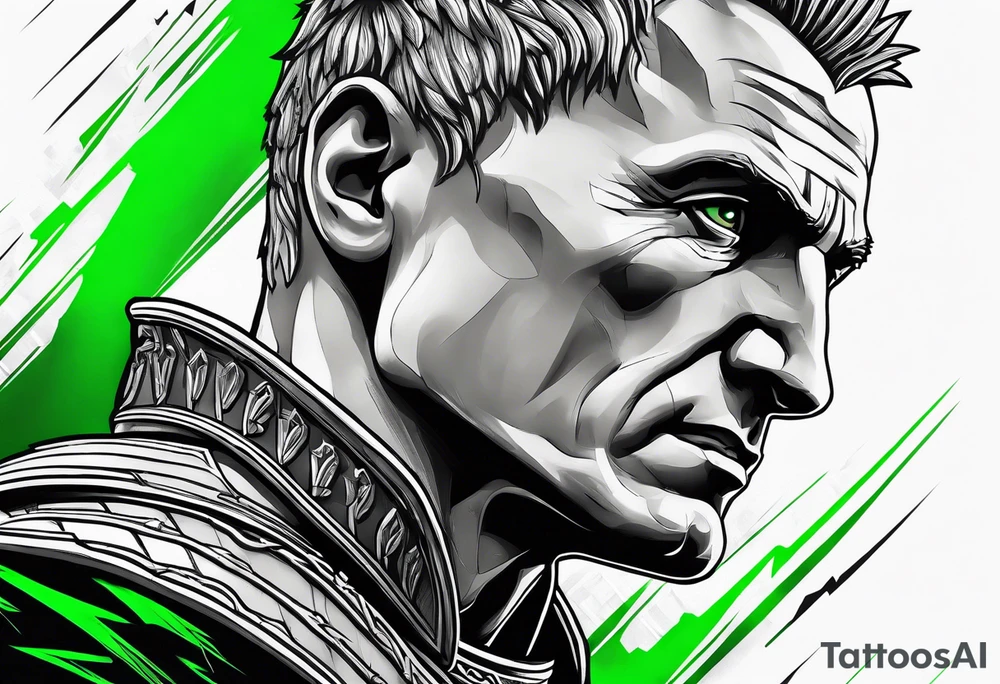 Julius Caesar tattoo with streaks of neon green lightning in the background tattoo idea