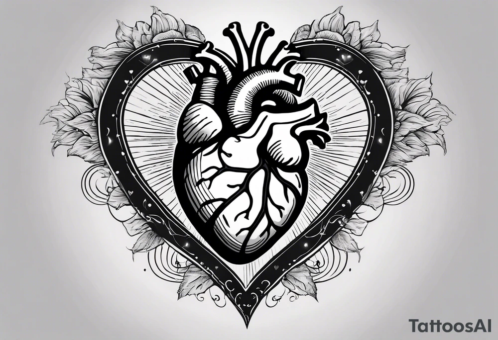 A detailed tattoo design featuring a realistic anatomical heart with a prominent scar running diagonally behind it, symbolizing resilience and healing. Inside the heart, there is an infinity symbol, representing eternal love and strength. To the left of the heart, a radiant sun shines with stylized rays, symbolizing positivity and vitality. To the right of the heart, a crescent moon balances the composition, representing calmness and introspection.

The overall design should be elegant and symbolic, with clean, modern lines, black and gray shading, and subtle textures for depth. The sun and moon should harmonize with the heart while maintaining a balanced and cohesive aesthetic. tattoo idea