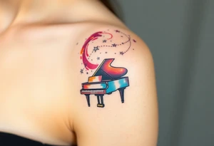 a grand piano under a swirl of stars tattoo idea