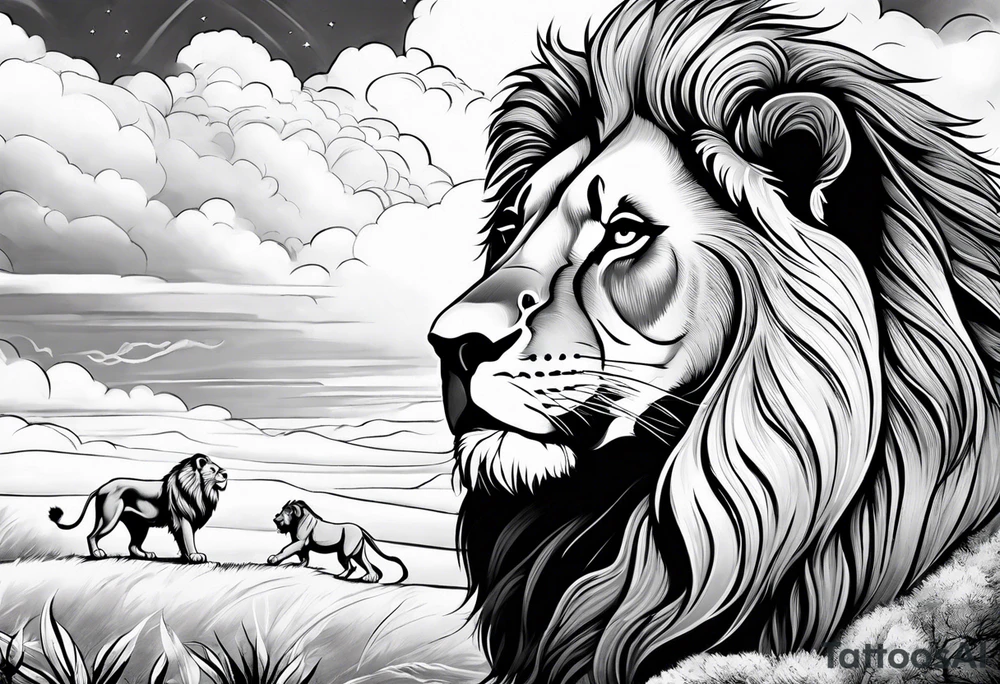 Simba looking at mufasa in the clouds with realistic lions tattoo idea