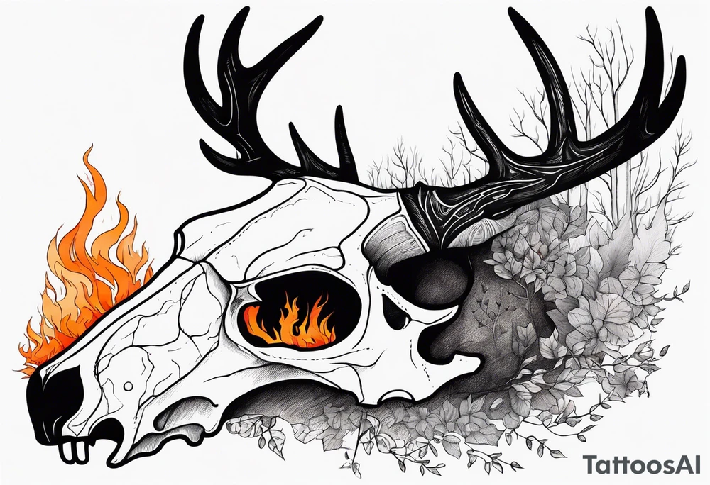 scary side view of a DECAYING deer skull JUST BONE surrounded by a forest fire in background tattoo idea