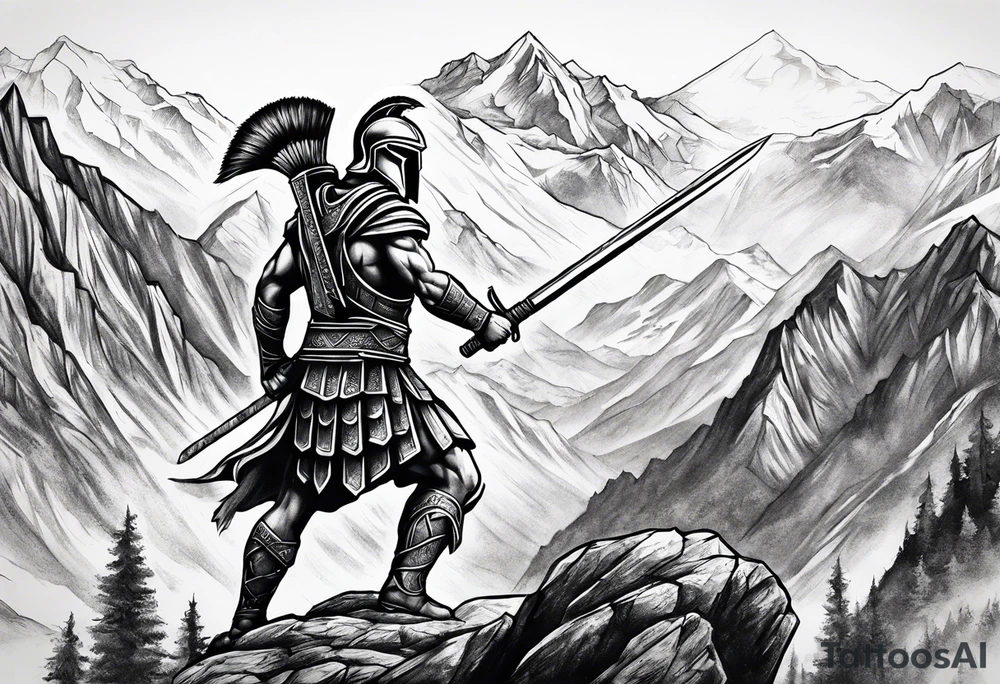 Spartan Warrior Wielding A Sword Surrounded By Mountains Tattoo Idea tattoo idea