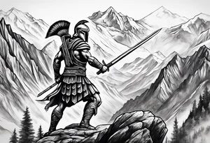 Spartan Warrior Wielding A Sword Surrounded By Mountains Tattoo Idea tattoo idea