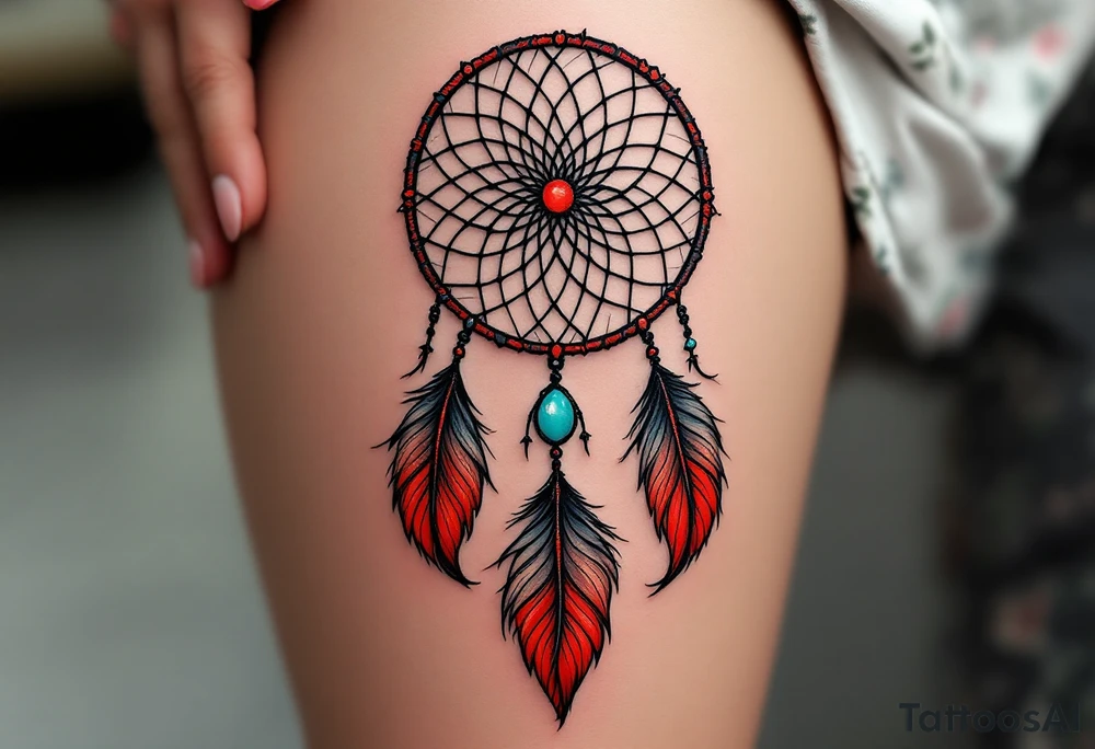 A black and red dreamcatcher with detailed feathers and a turquoise bead at the center. tattoo idea