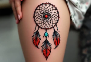 A black and red dreamcatcher with detailed feathers and a turquoise bead at the center. tattoo idea