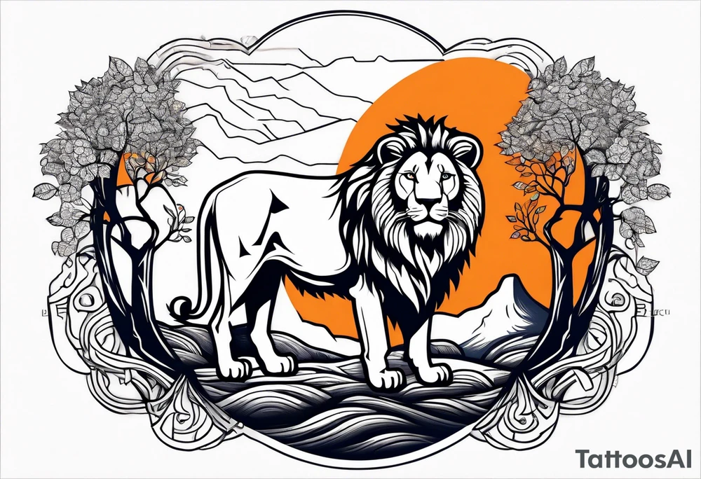 Lion tattoo with blue eyes, Orange tree of life with a stream leading to waterfall tattoo idea