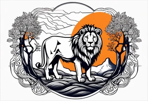 Lion tattoo with blue eyes, Orange tree of life with a stream leading to waterfall tattoo idea