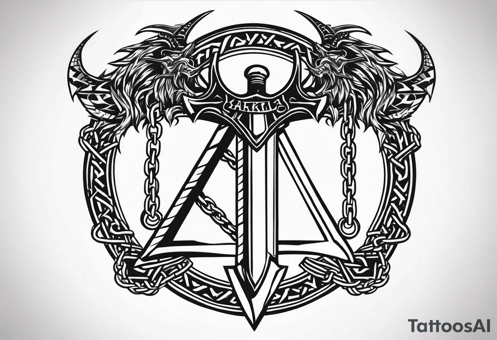 Valhalla sword shield dragon axe Valknut barbed wire chains tattoo idea Valhalla sword shield dragon axe Valknut barbed wire chains tattoo idea