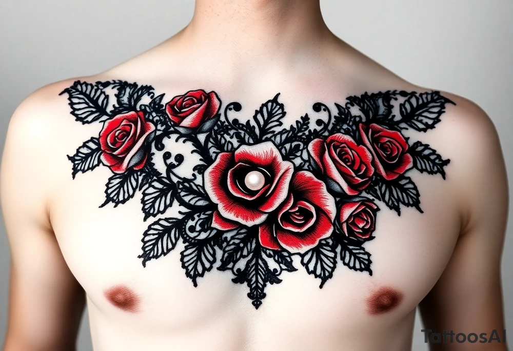 Black and red lace add pearls and roses. tattoo for female chest tattoo idea