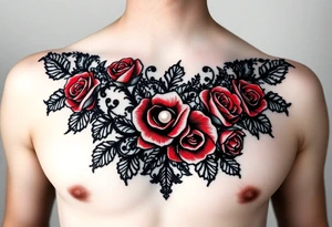 Black and red lace add pearls and roses. tattoo for female chest tattoo idea