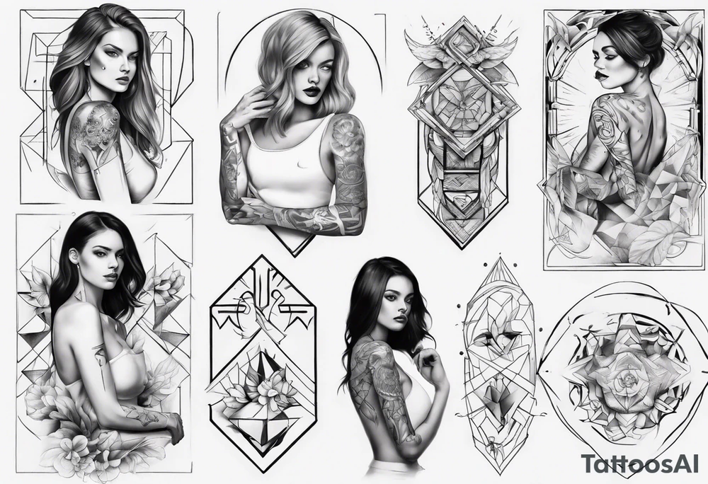 shoulder to elbow tattoo, with beautiful women and geometric tattoo idea