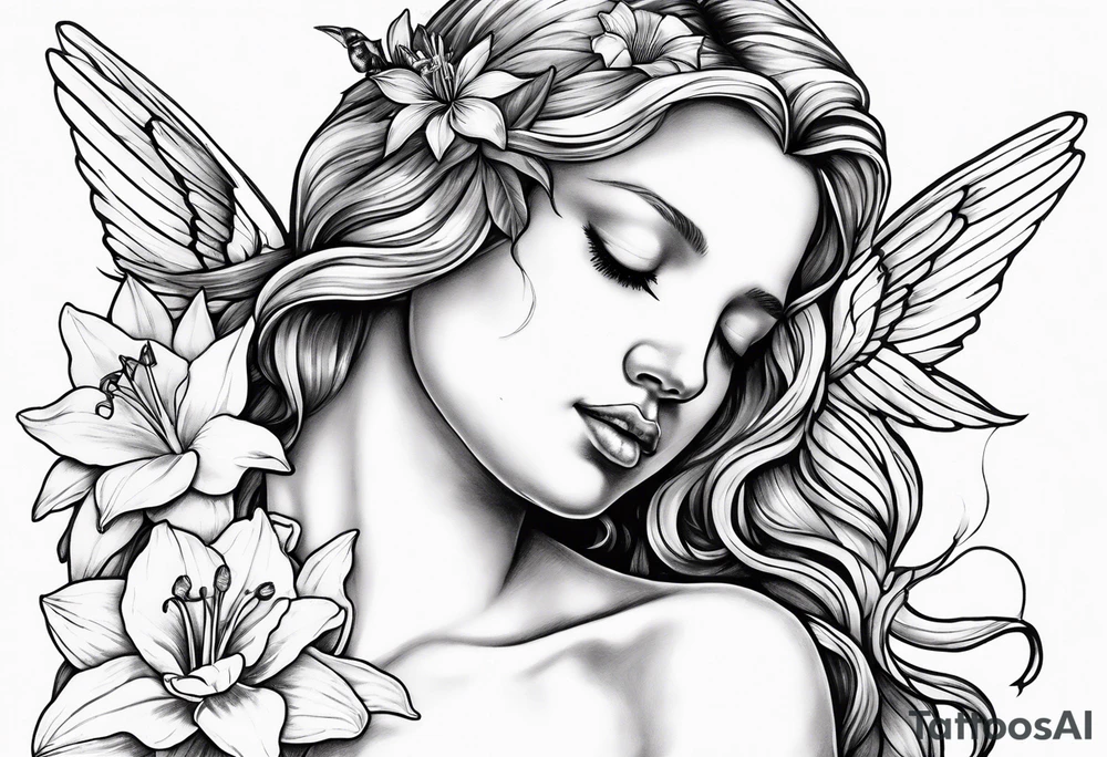 crying angel with head tilted down surrounded by lily, daffodil, rose, daisy, narcissus holding a hummingbird tattoo idea