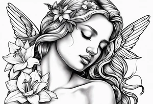 crying angel with head tilted down surrounded by lily, daffodil, rose, daisy, narcissus holding a hummingbird tattoo idea