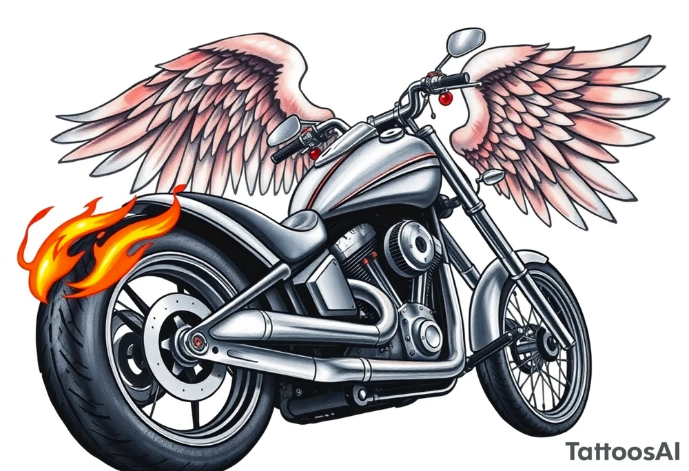 Low rider grey motorcycle, big muffler pipes with flames, angel wings, driving away, no person tattoo idea