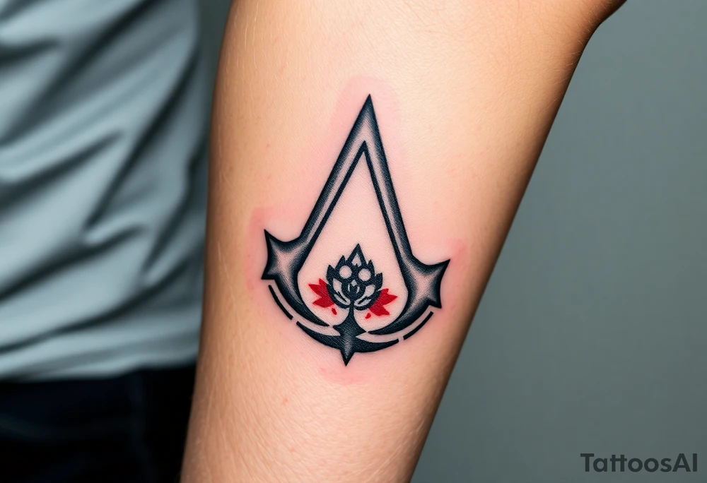 Assassins Creed emblem with Ezio character and blood splashes incorporated into logo. tattoo idea