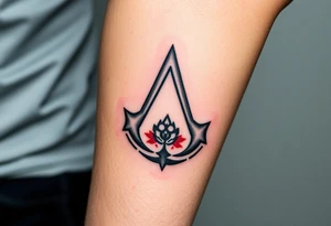 Assassins Creed emblem with Ezio character and blood splashes incorporated into logo. tattoo idea