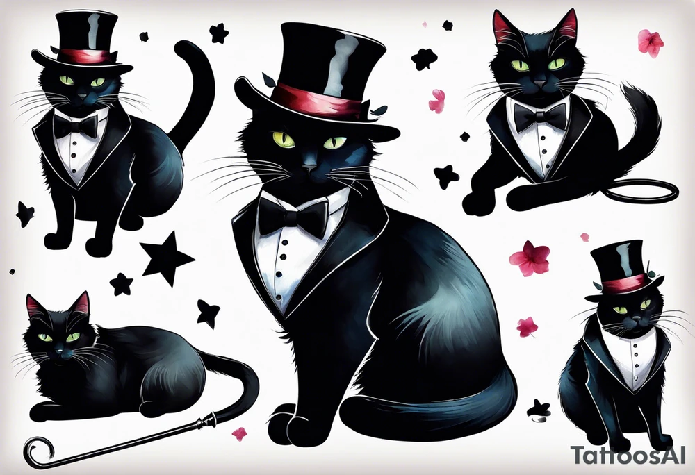 Black cat in a tuxedo, wearing a top hat and holding a cane tattoo idea