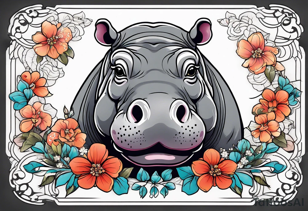 cute hippo with flowers tattoo idea